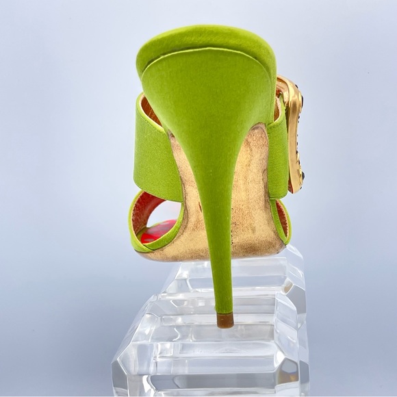 CHRISTIAN LACROIX ⚜️RARE NWT Green Satin Mule Stilettos Jeweled Gold Buckle 36.5 - Picture 3 of 15